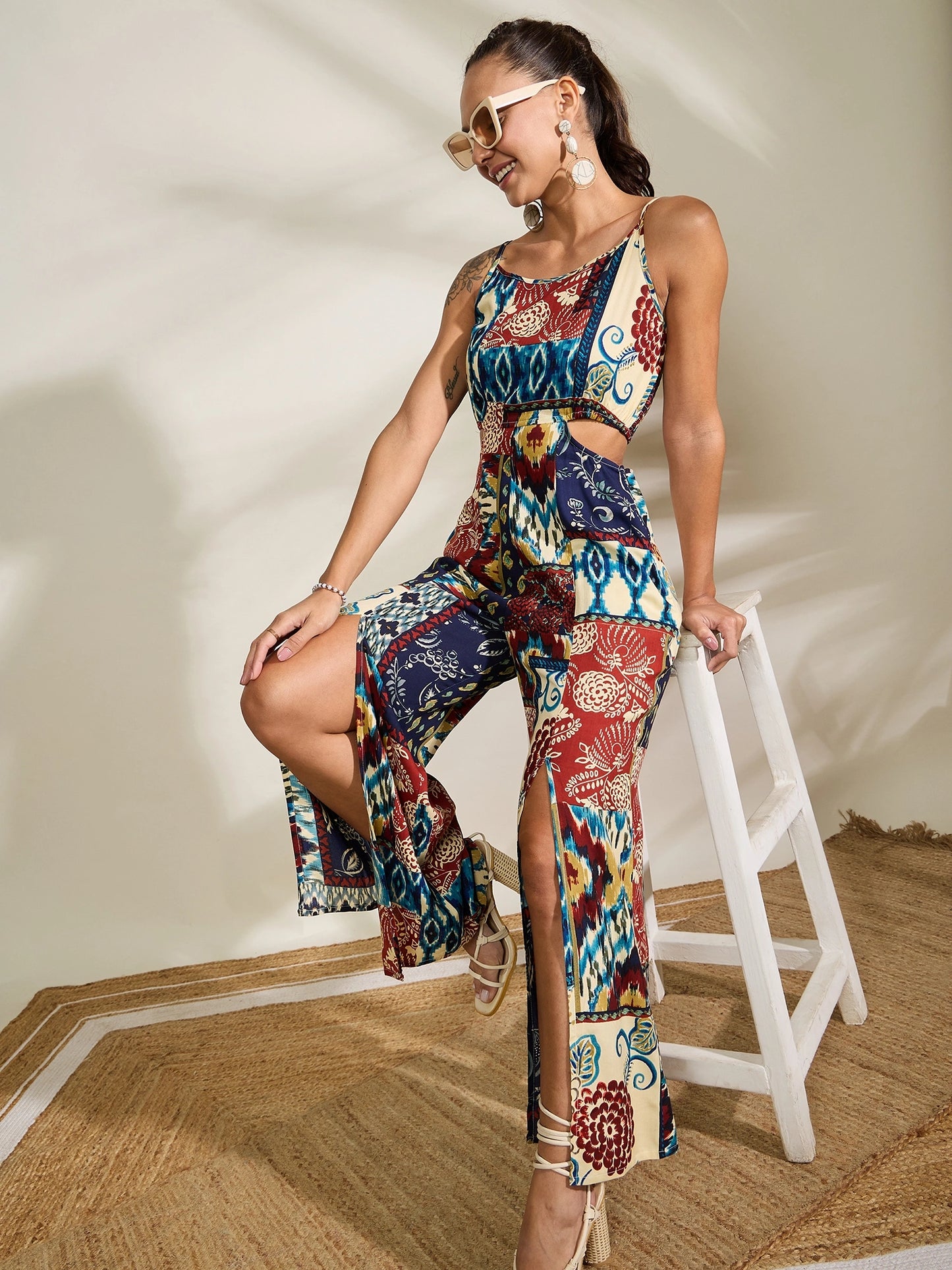 women-blue-printed-waist-cut-out-jumpsuit