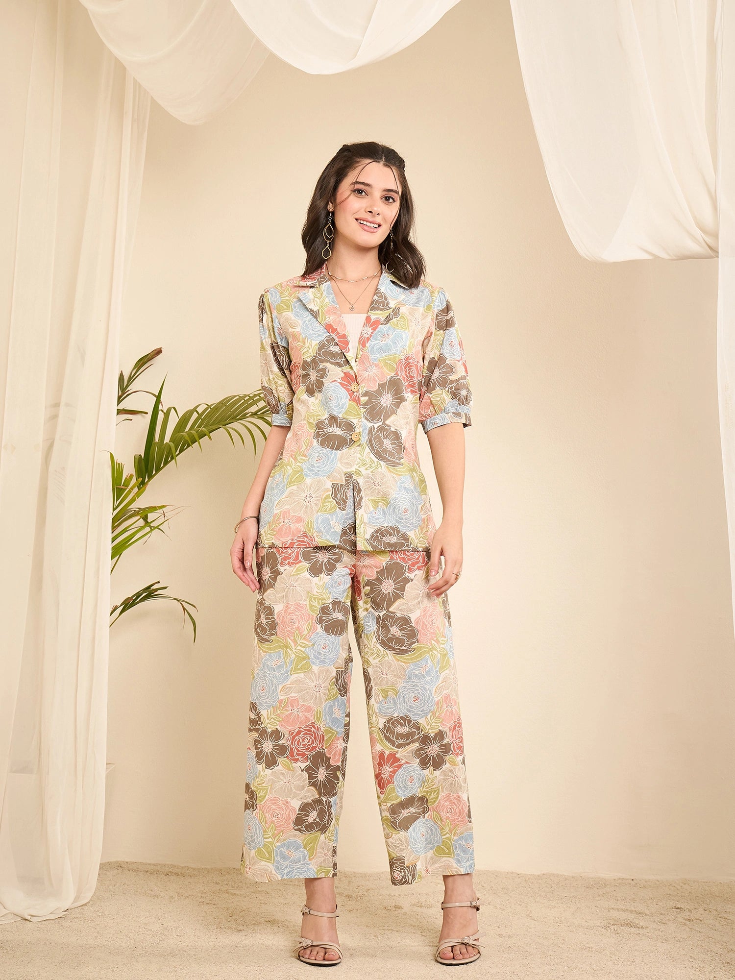 Women Floral Print Twist Front Top Wide-Leg Pant Co-ord Set