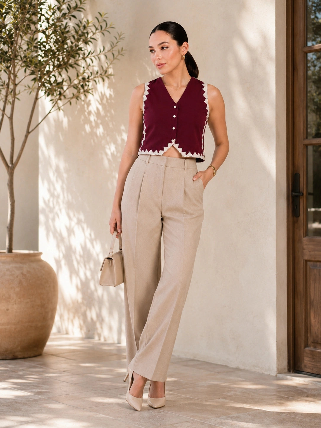 Women Solid Sleeveless V-Neck Lace Detail Waistcoat