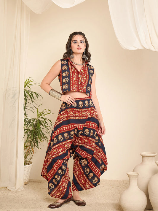 Women Bordered Crop Shirt and Harem Pant Co-Ord Set