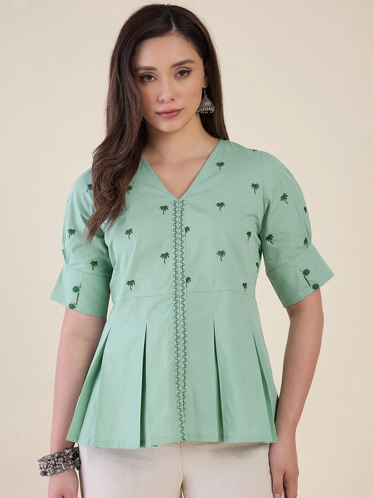 Women Mint Green Embroidered Peplum Top