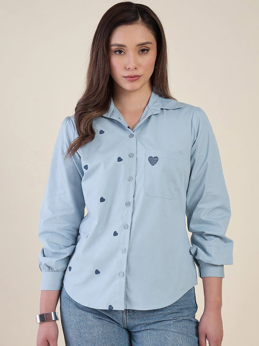 Women Blue Heart Embroidered Casual Shirt