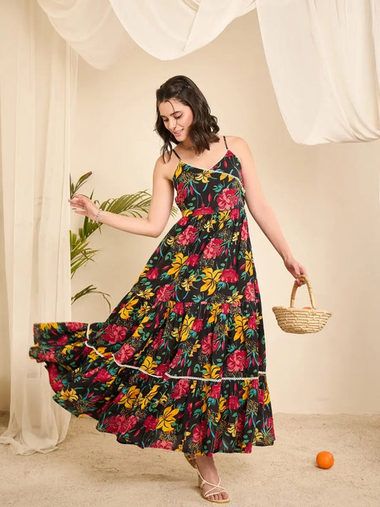 black-floral-printed-lace-strap-tiered-dress