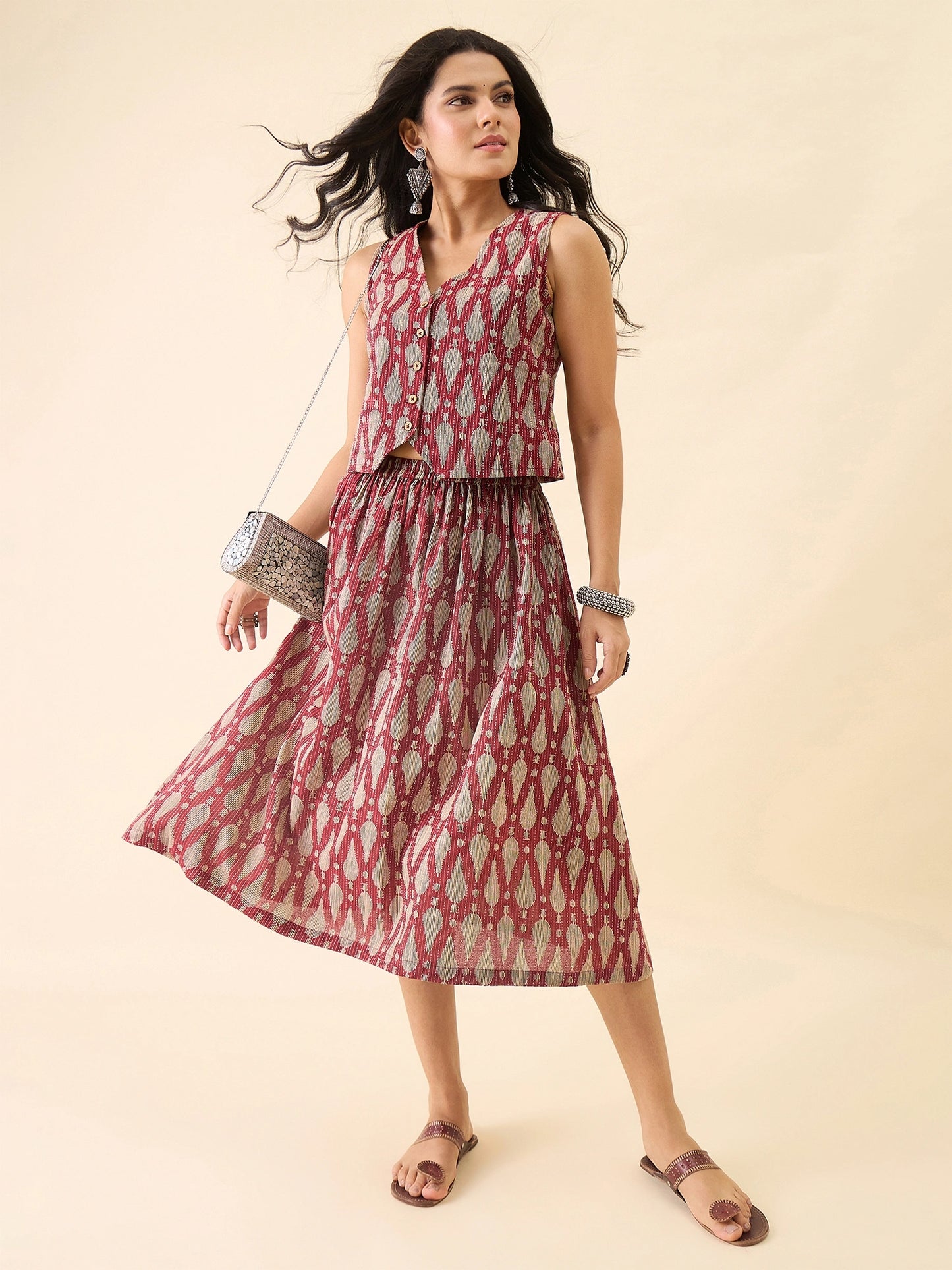 Women Printed Waistcoat with Midi Skirt Co-Ord Set