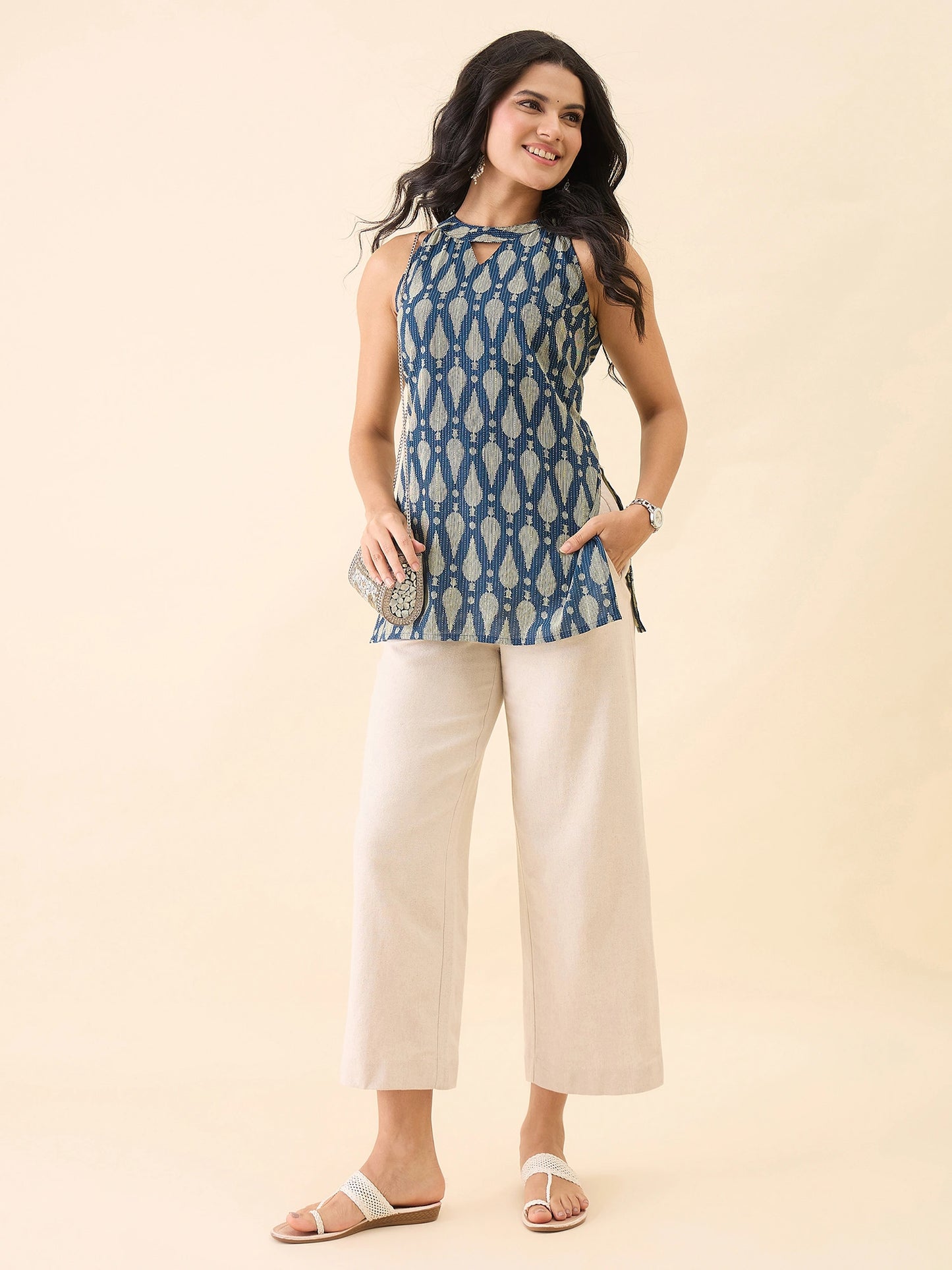 Women's Blue & Beige Geometric Printed Sleeveless Short Kurti