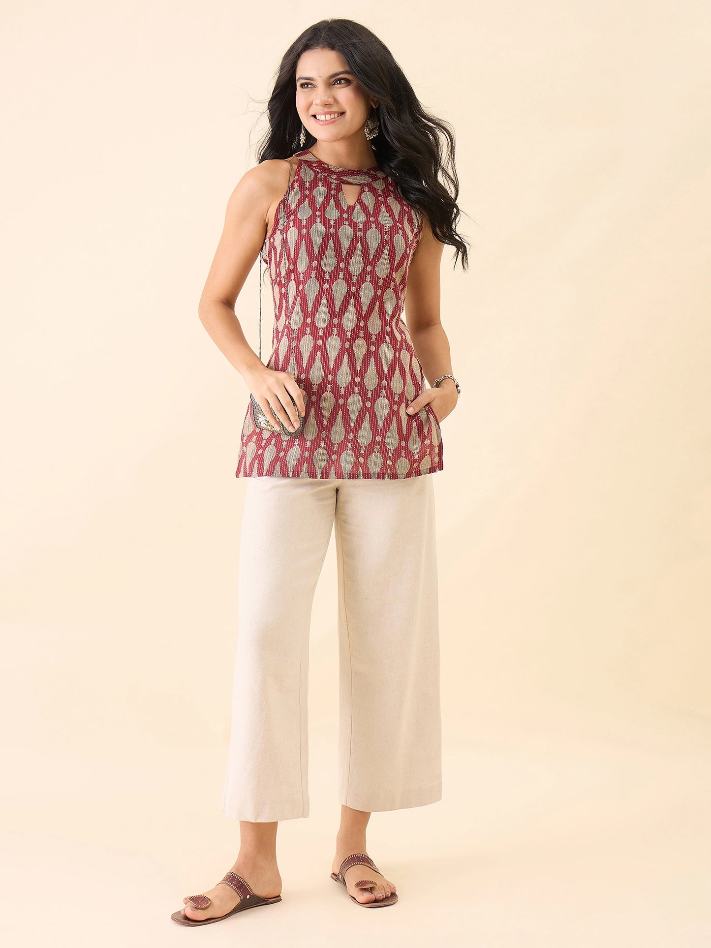Women's Maroon & Beige Geometric Printed Sleeveless Short Kurti