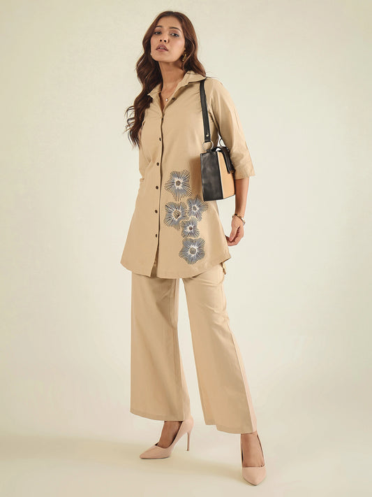 Women Beige Cotton Embroidered Shirt with Pant Co-ord Set