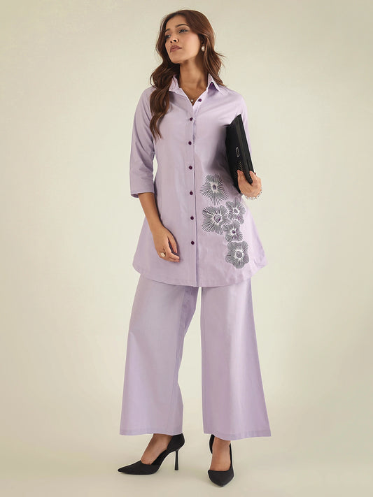 Women Lavender Cotton Embroidered Shirt with Pant Co-ord Set