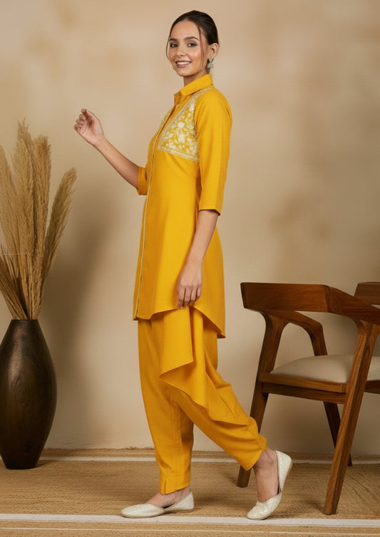 Women Yellow Embroidered Tunic with Harem Salwar Coord Set