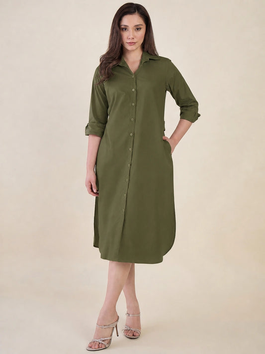 Women Green Side Silt Shirt Dress