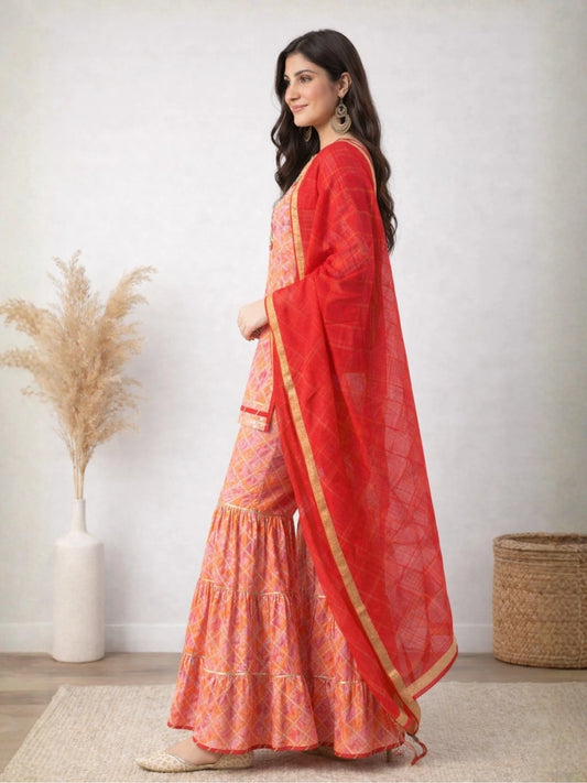 WineRed Woman Orange with Neck Embroiderey Sharara Set