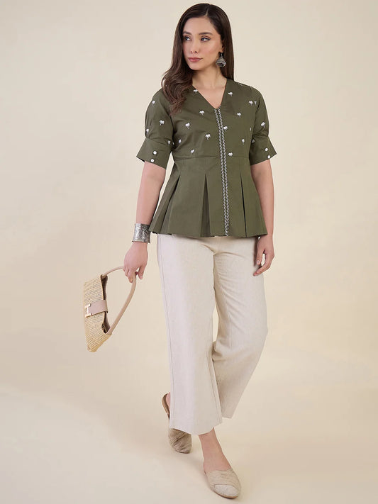 Women Olive Green Floral Embroidered Peplum Top