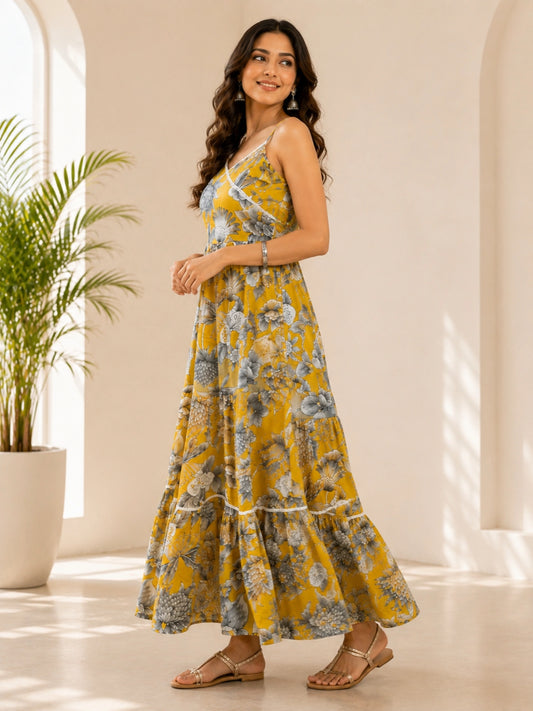 WineRed Women's Floral Printed Shoulder Strap Tiered Maxi Dress | Casual Summer Vacation Wear