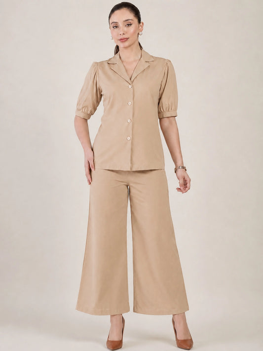 Women Beige Puff Sleeves Co-ord Set
