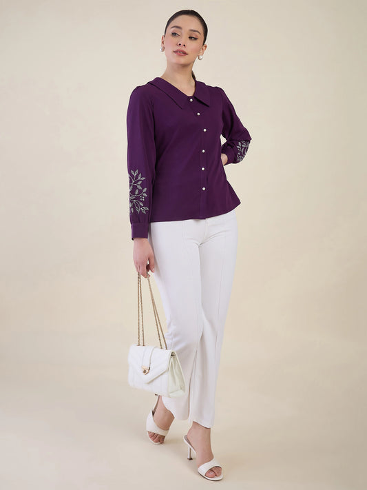 Women Purple Embroidered Peter Pan Collar Shirt
