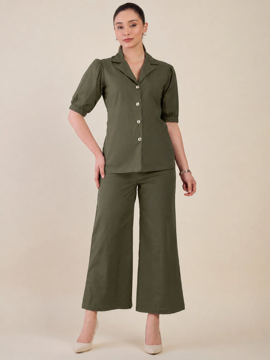 Women Olive Green Puff Sleeves Co-ord Set