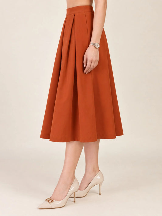 Women Solid Pleated Midi Skirt