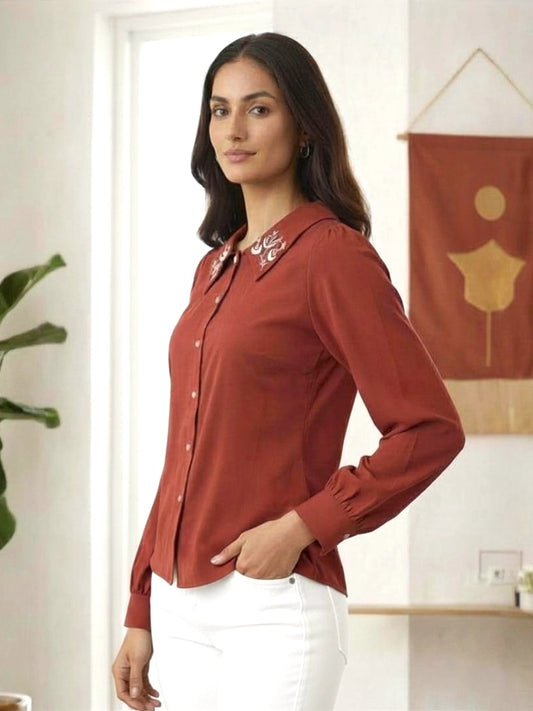 Women Maroon Collared Shirt with Contrast Embriodery