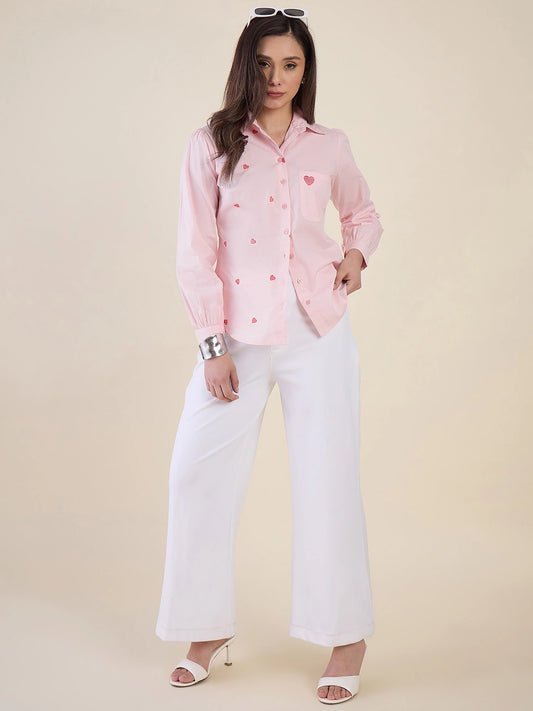 Women Pink Heart Embroidered Casual Shirt