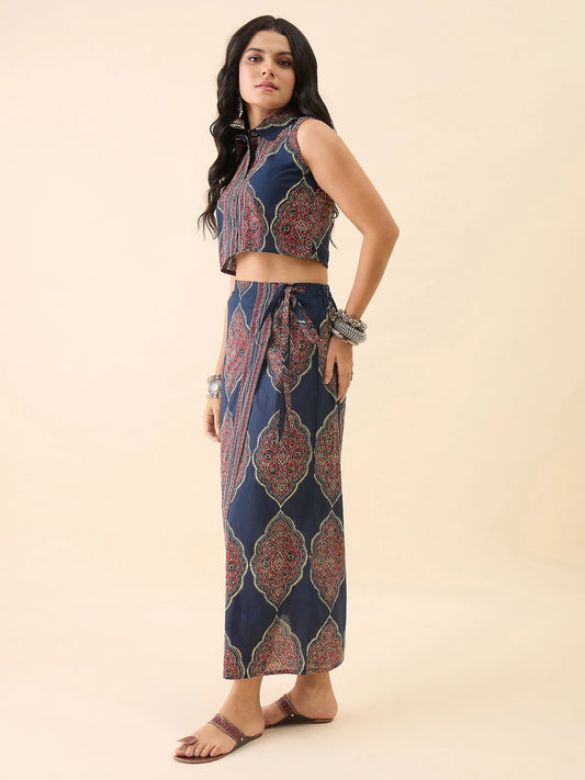 Women's Ethnic Printed Crop Shirt & Wrap Skirt Co-ord Set