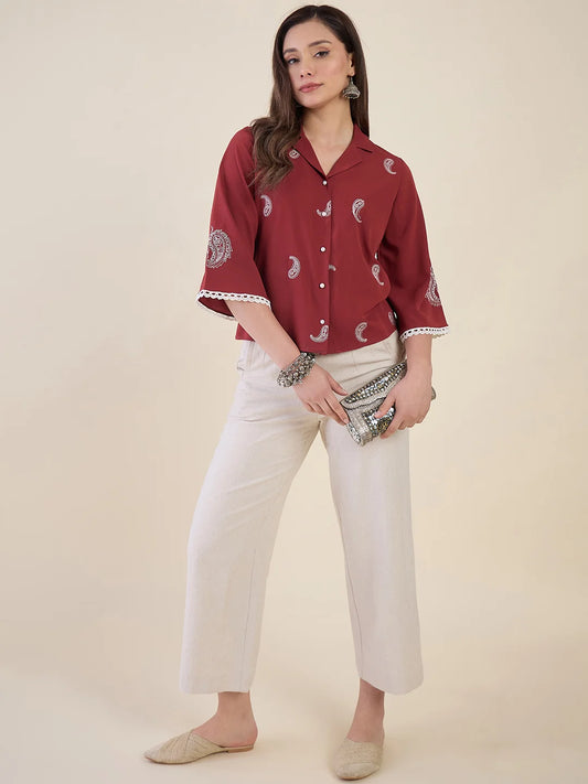 Women Maroon Paisley Embroidered Regular Fit Shirt