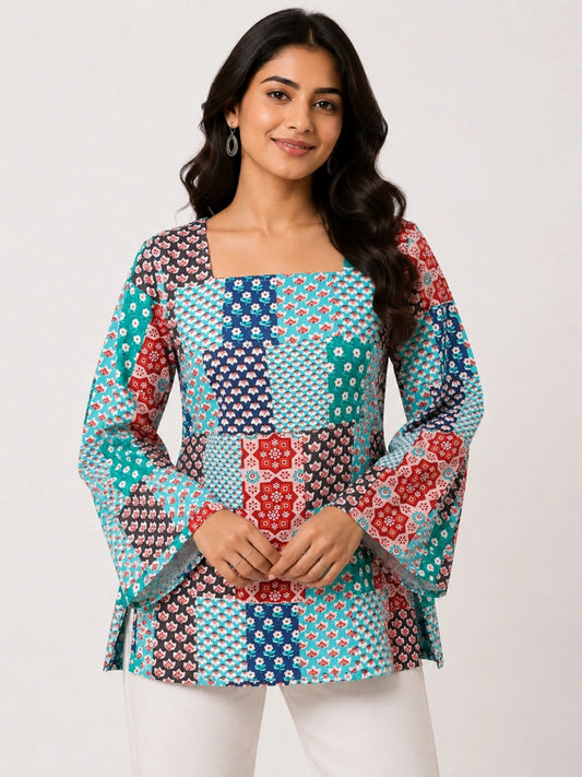 Women's Multicolor Patch Print Corset Style Short Kurti with Square Neck, Bell Sleeves and Adjustable Back Tie-Up for Casual Wear