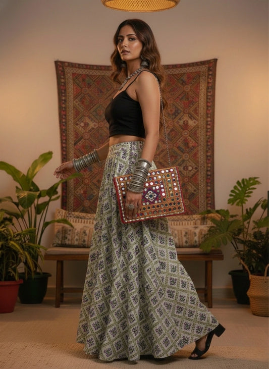 Women White Ethnic Printed Cotton Maxi Skirt