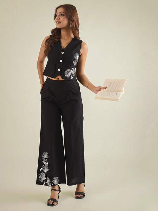 Women Black Cotton Embroidered waistcoat with pant co-ord set