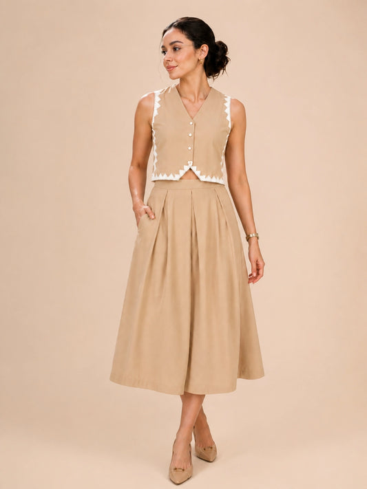 Women Beige Vest & Skirt Co-ord Set