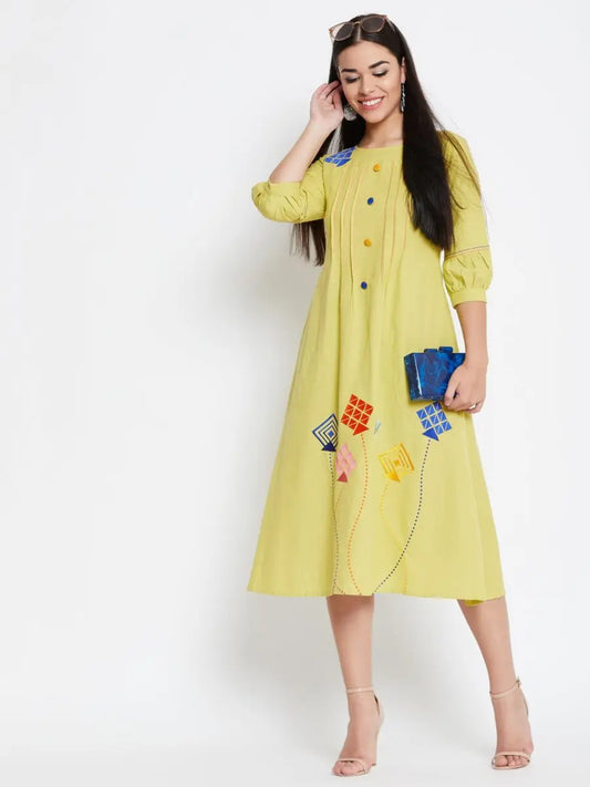winered-yellow-a-line-cotton-embroidered-dress