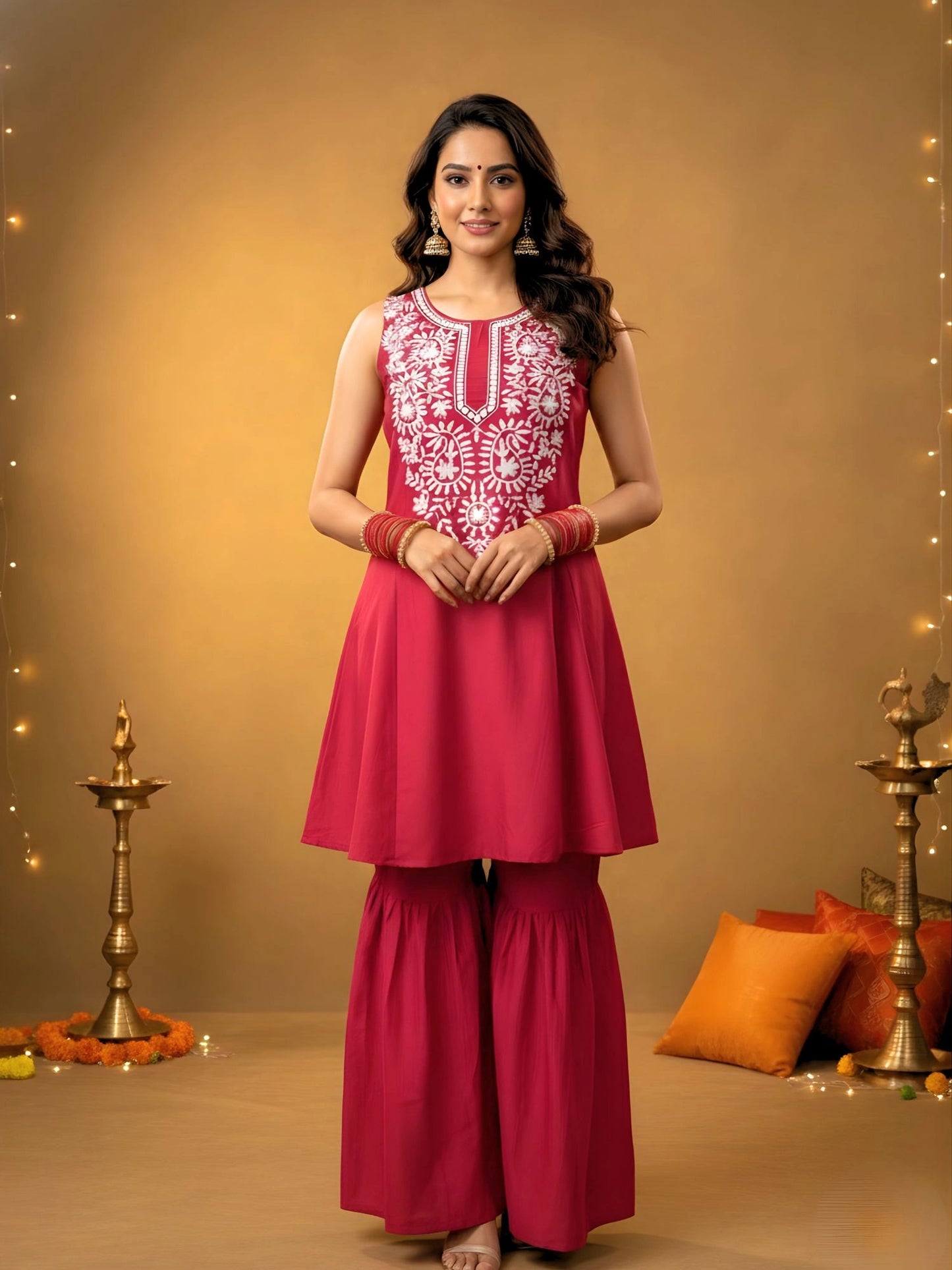 Women Red Flared Kurta, Sharara and Dupatta Set