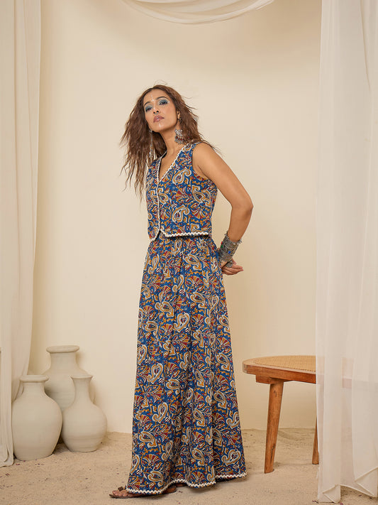 women-blue-cotton-lace-detailing-waistcoat-with-skirt-co-ord-set