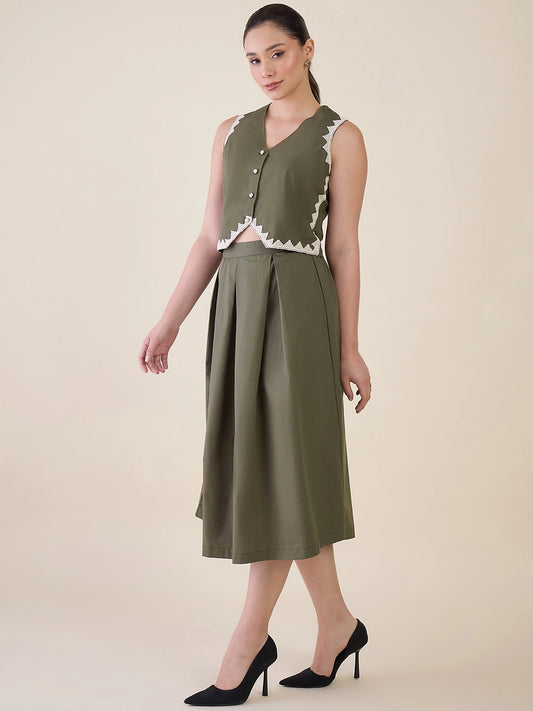 Women Olive Green Vest & Skirt Co-ord Set