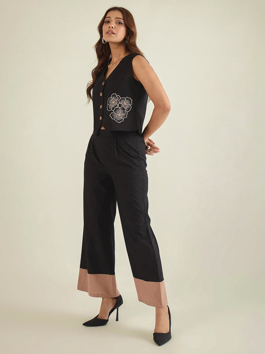 Black cotton embroidered waistcoat with color-blocked co-ord set
