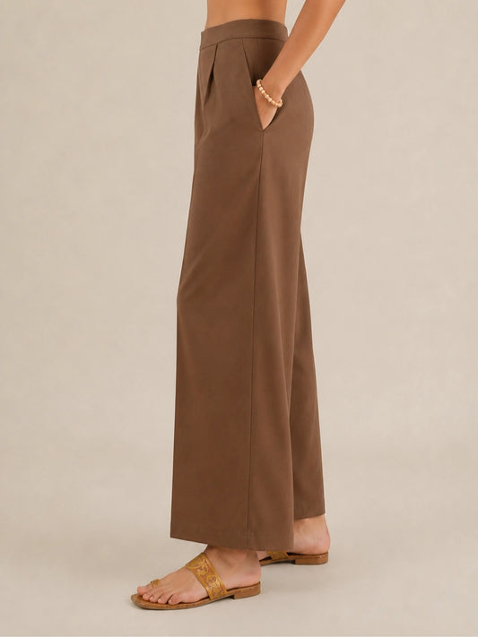 Women's Brown Solid Wide Leg Trousers