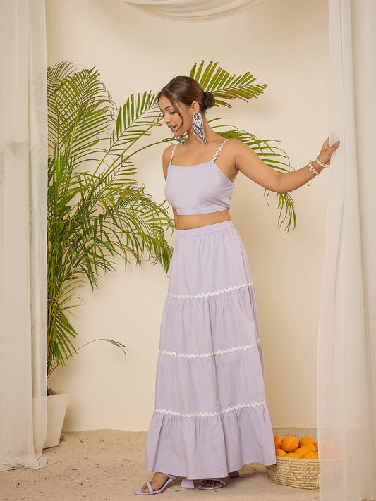 Lavender Cotton Lace Detailing Crop Top with Skirt Co-ord Set