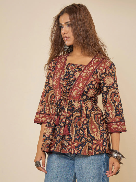 Women Cotton Navy Blue Printed Bodered Peplum Top