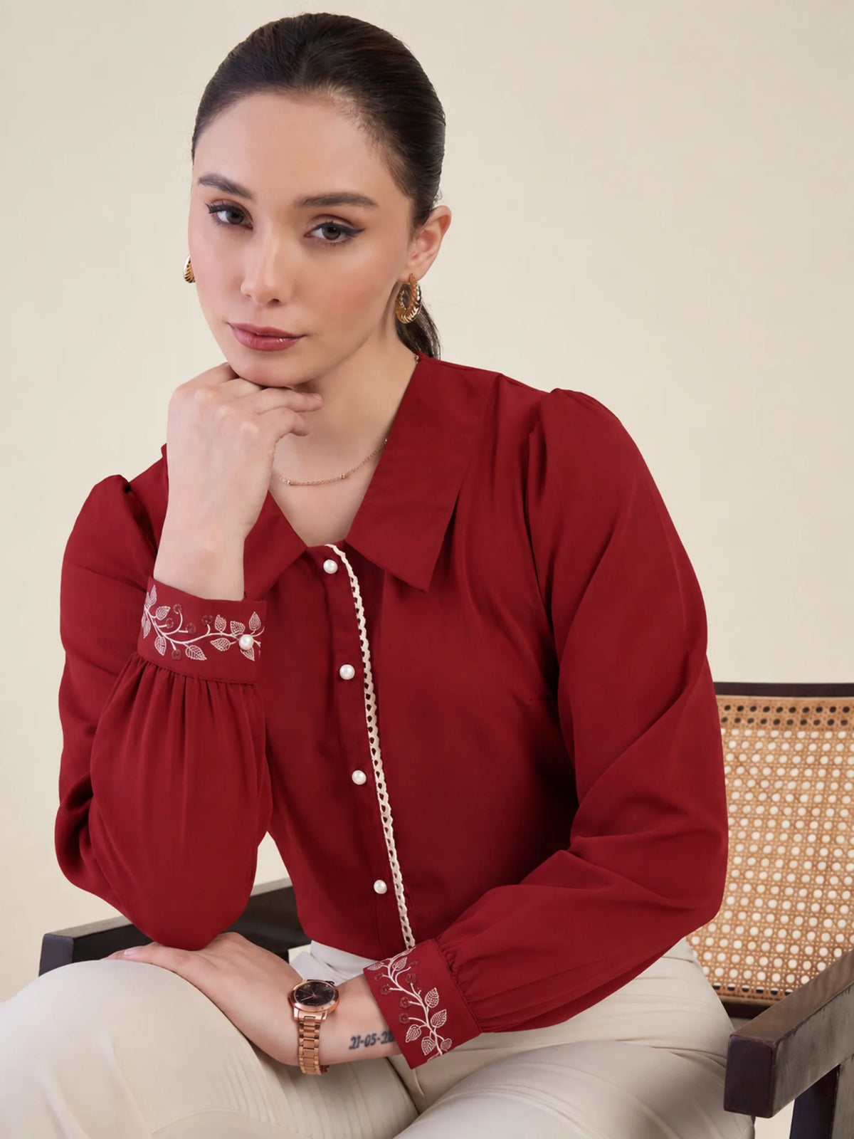 Women Maroon Cuff Embroidered Shirt