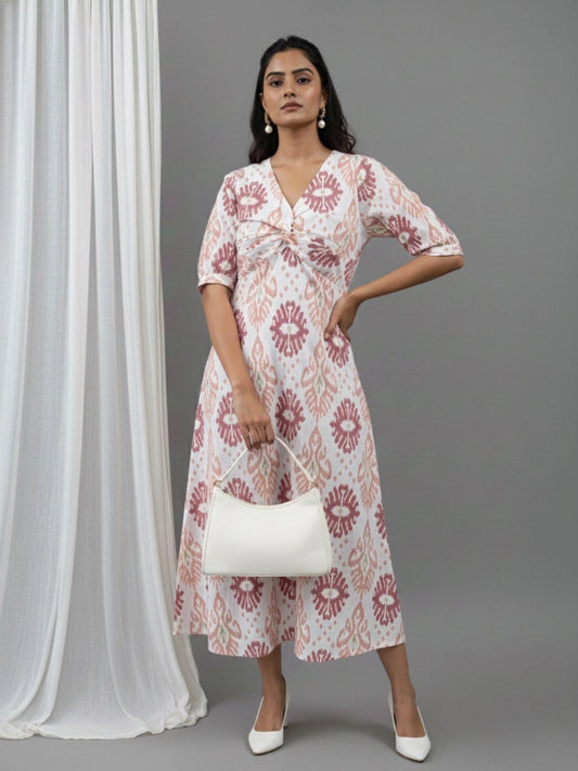 Women Cotton Ikat Printed Knotted Midi Dress