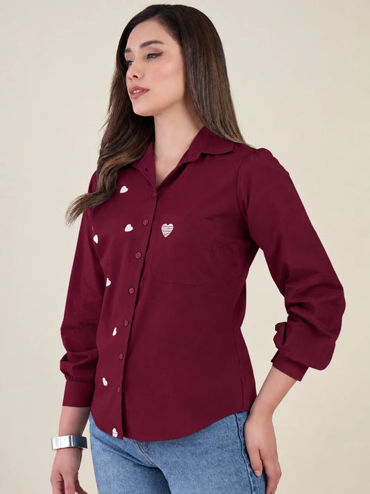 Women Burgundy Heart Embroidered Casual Shirt