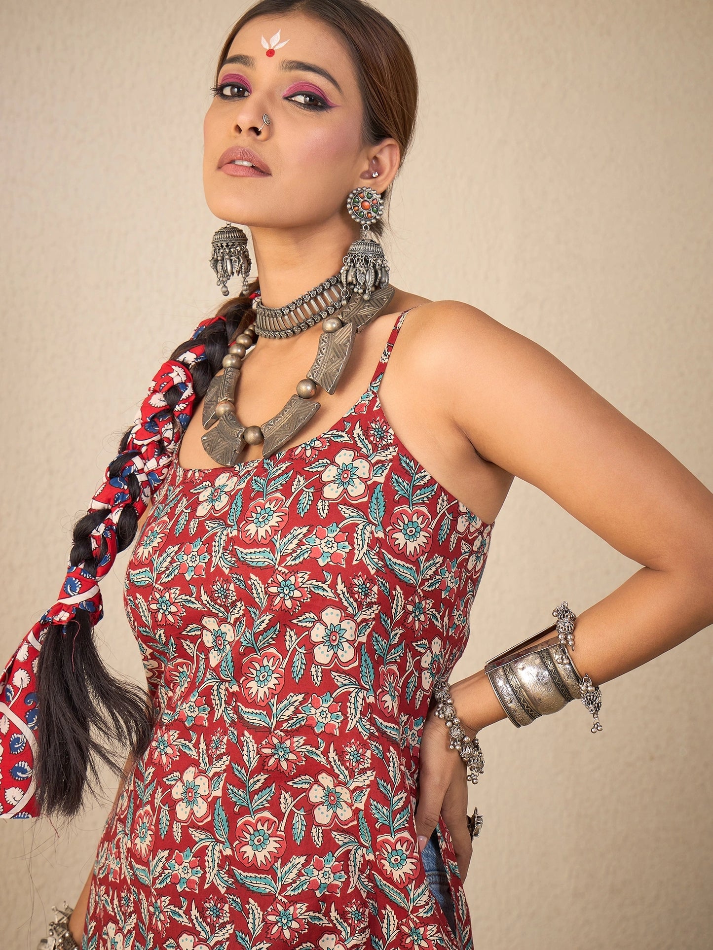 Women Maroon Floral Print Backless Kurta