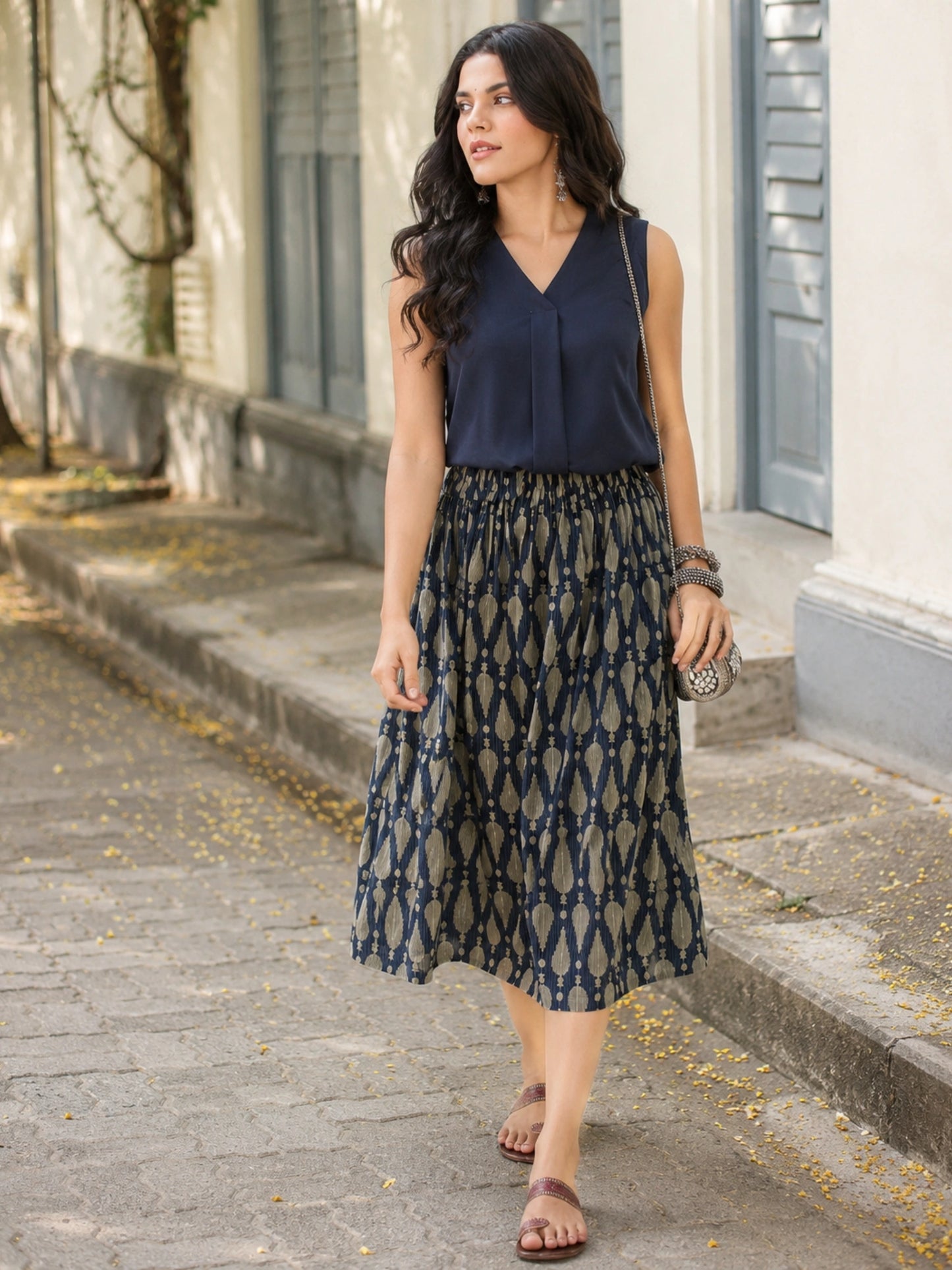 Women's Blue Ikat Printed Flared Midi Skirt with Elasticated Waistband