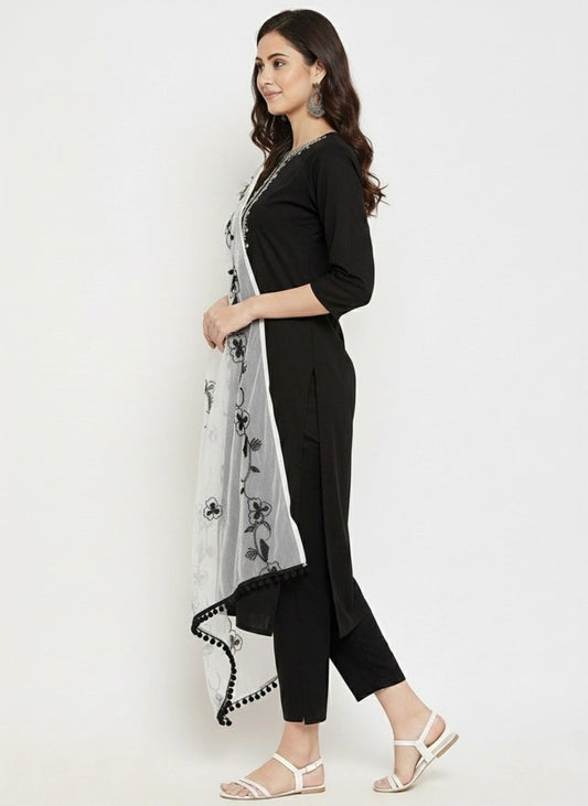 Women's Black Embroidered Cotton Kurta Set with Dupatta