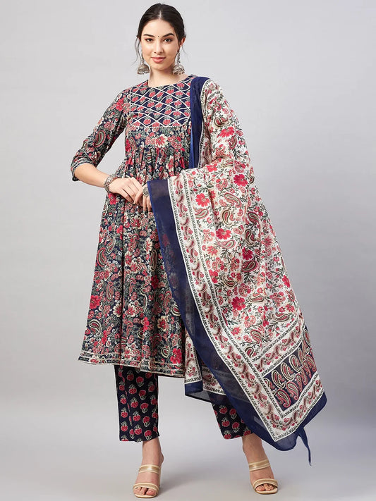 winered-woman-navy-blue-paisley-print-gota-detailing-patch-kurta-set-with-dupatta