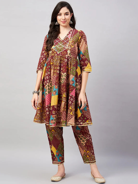 winered-woman-maroon-kurta-sets-printed