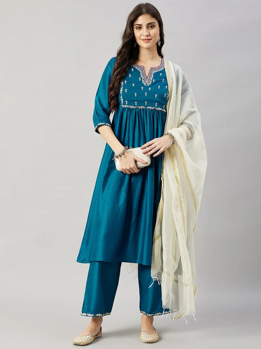 winered-woman-peacock-blue-with-neck-embroidery-flared-kurta-set-with-dupatta
