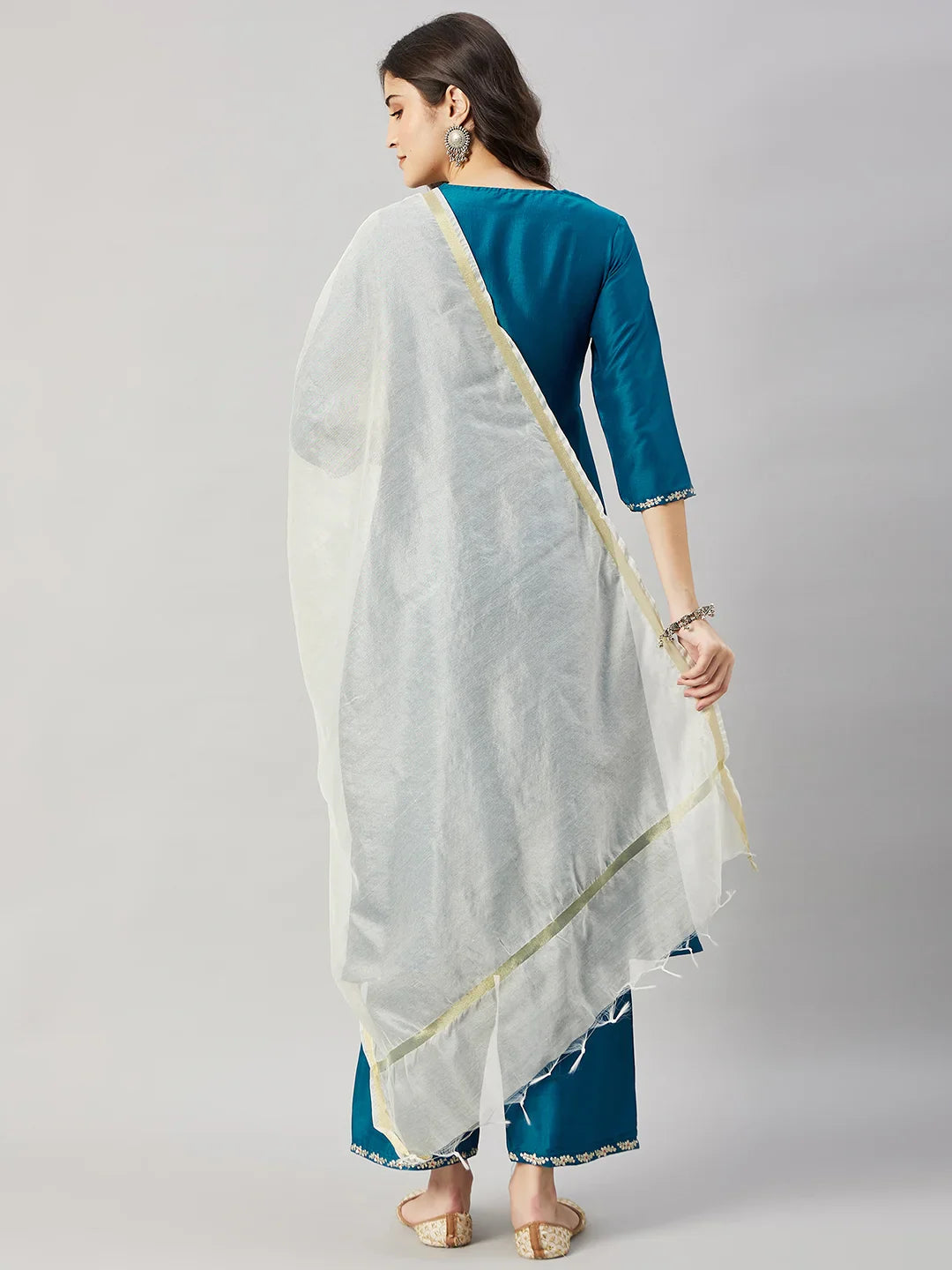 winered-woman-peacock-blue-with-neck-embroidery-flared-kurta-set-with-dupatta