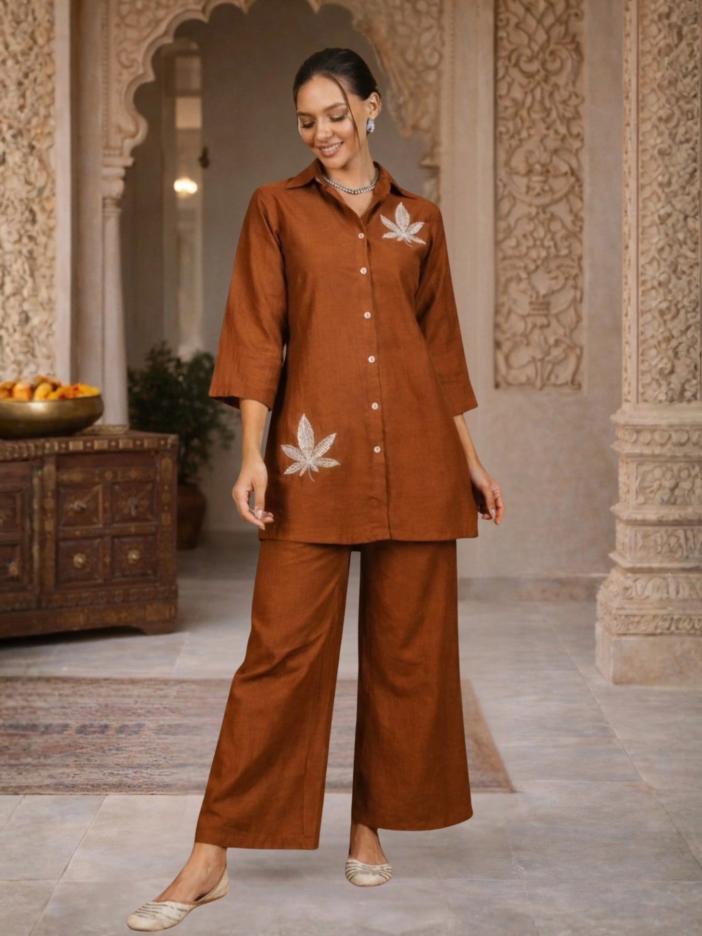 Women Solid Rust Leaf Embroidery Co-Ord Set
