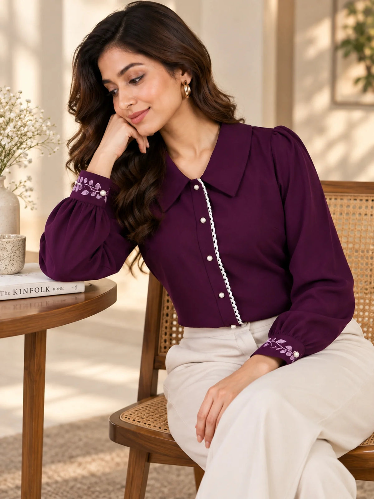 Women Purple Cuff Embroidered Shirt