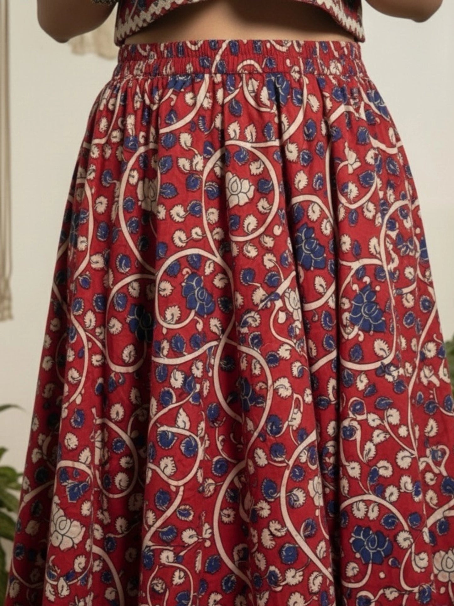 Women Red Ethnic Printed Cotton Maxi Skirt